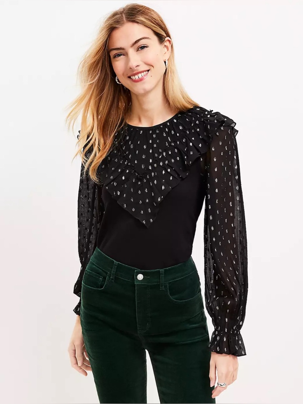 LOFT Shimmer Dotted Ruffle Yoke Mixed Media Top Blouse